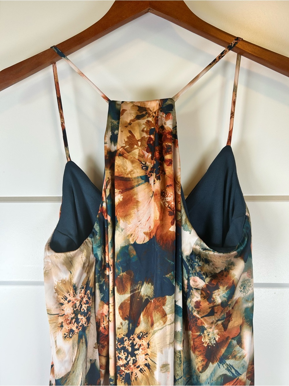 NICOLE MILLER Satin Floral Maxi Slip Dress M Racerback Watercolor With Pockets - Picture 6 of 16